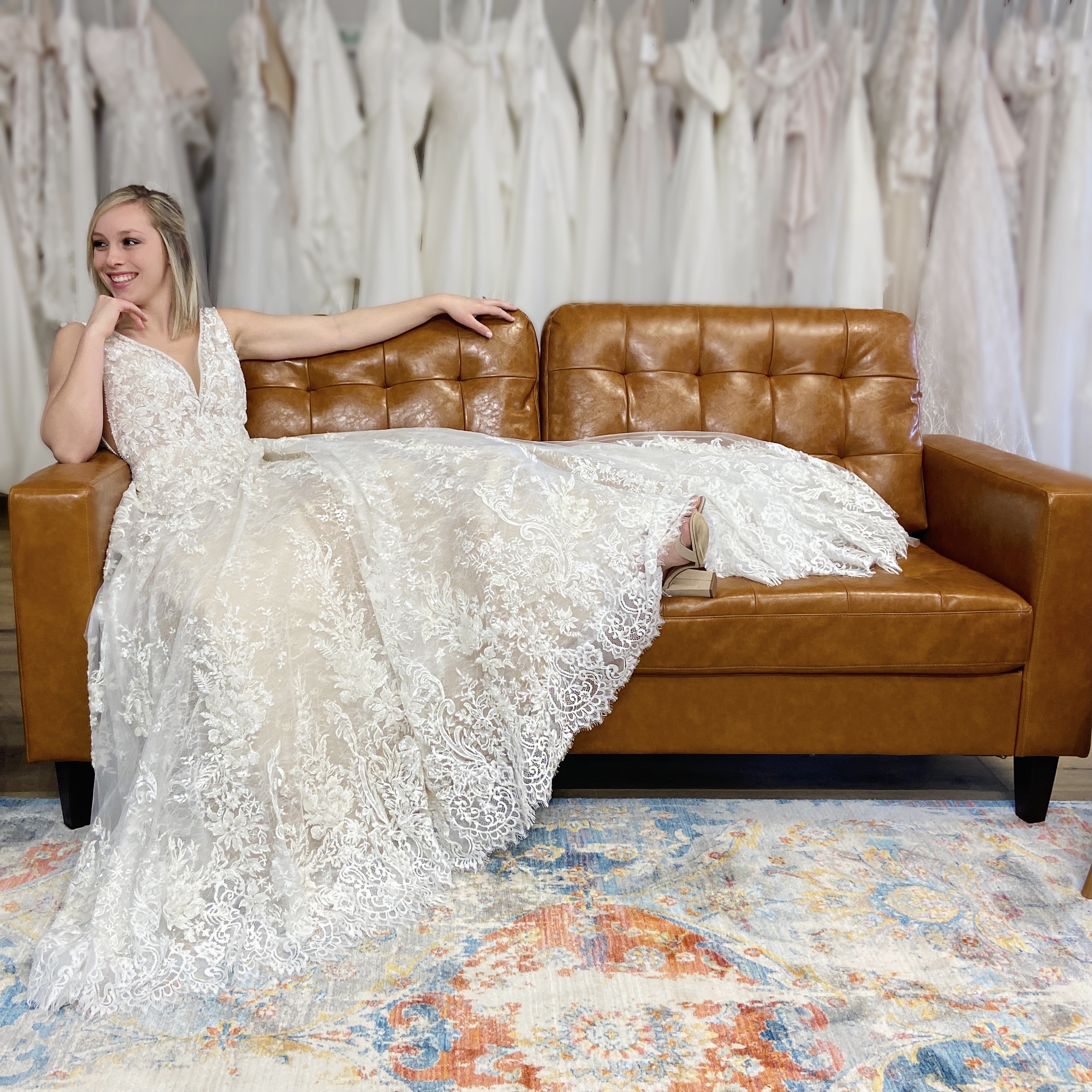 bride with feet up on couch