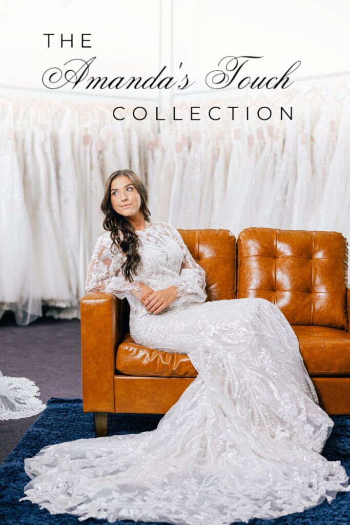 bride sitting on couch in a wedding dress with amanda's touch collection logo at the top