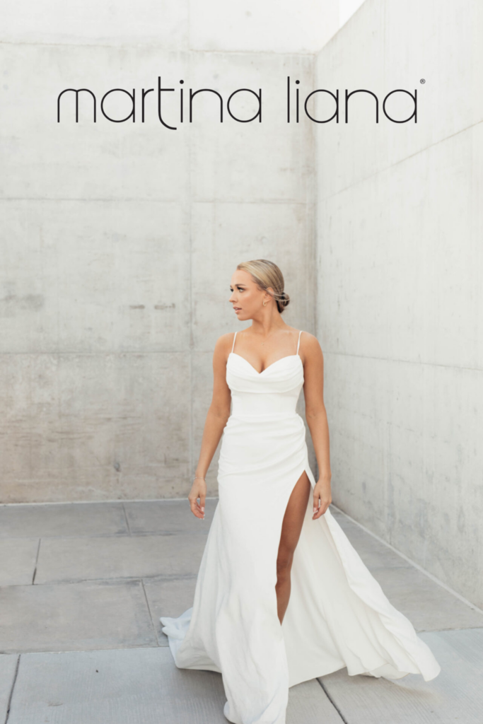 bride posing in her wedding dress with martina liana logo at the top