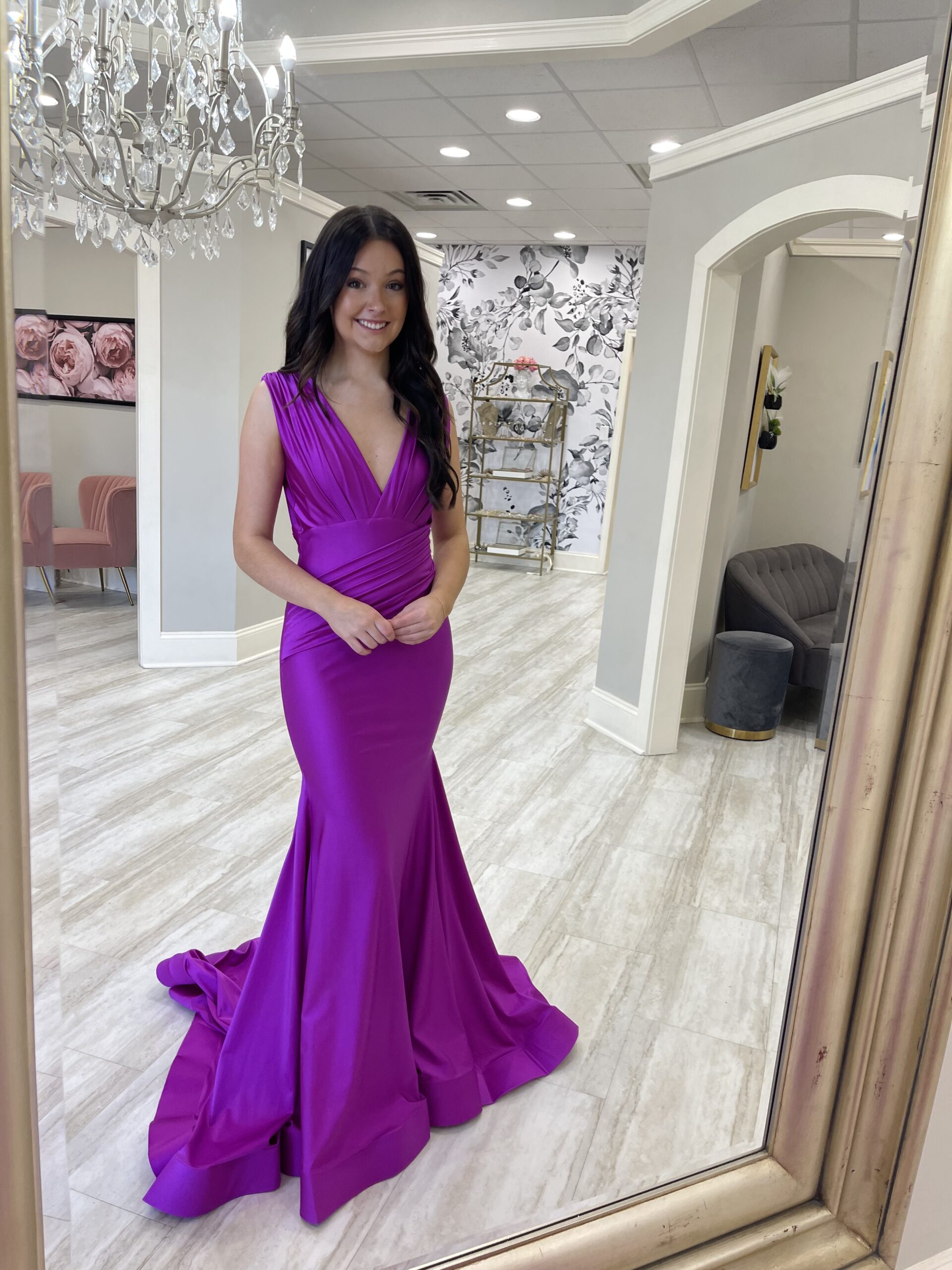 girl wiearing long purple prom dress at Amanda's Touch