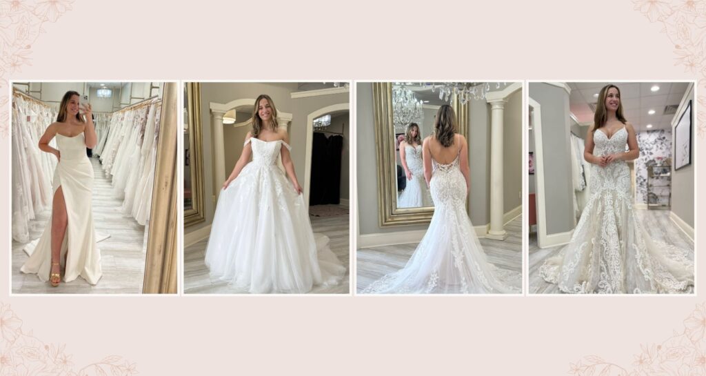 A collage of four images of brides wearing different cuts of wedding dresses