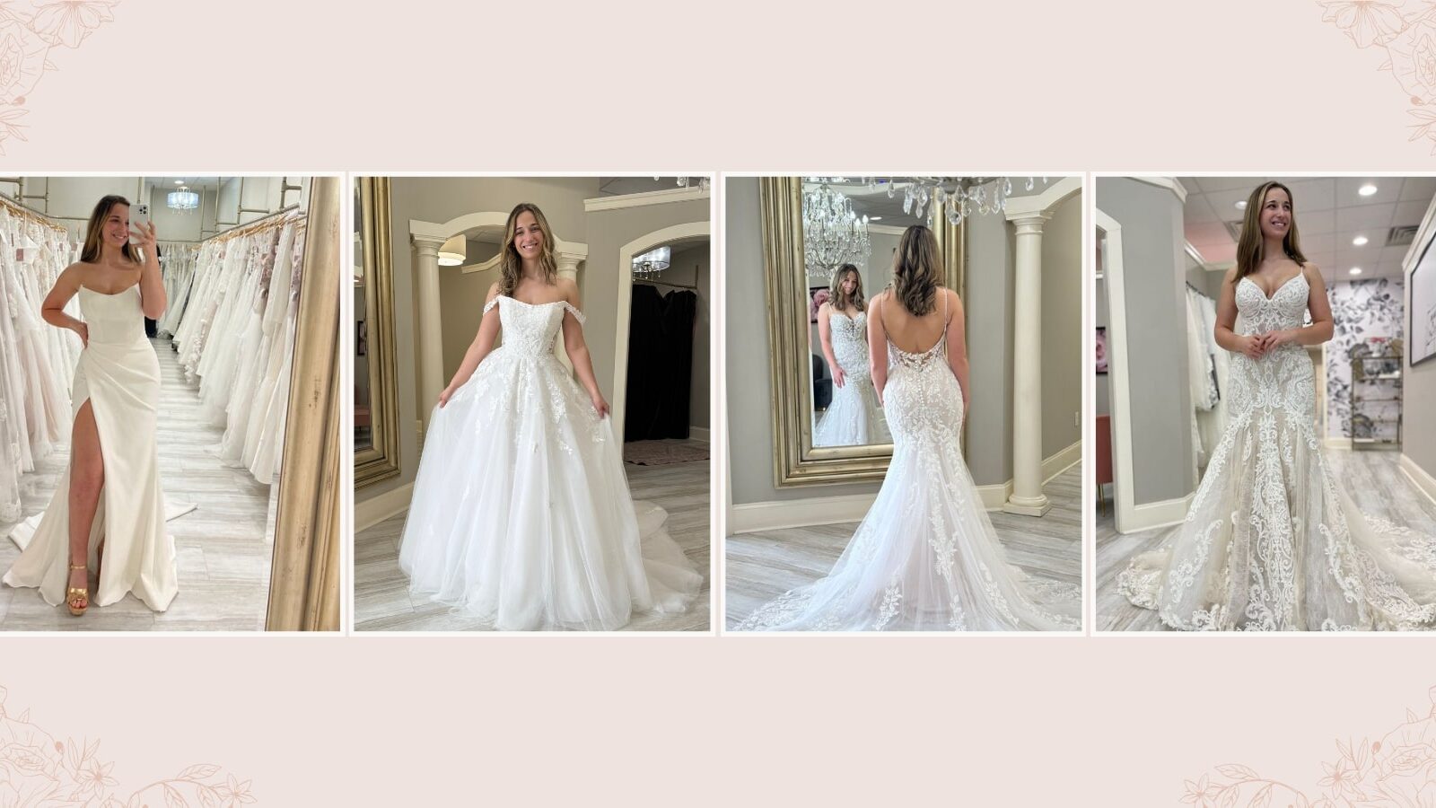 A collage of four images of brides wearing different cuts of wedding dresses