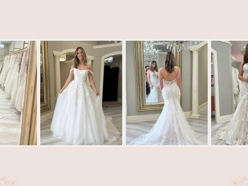 A collage of four images of brides wearing different cuts of wedding dresses