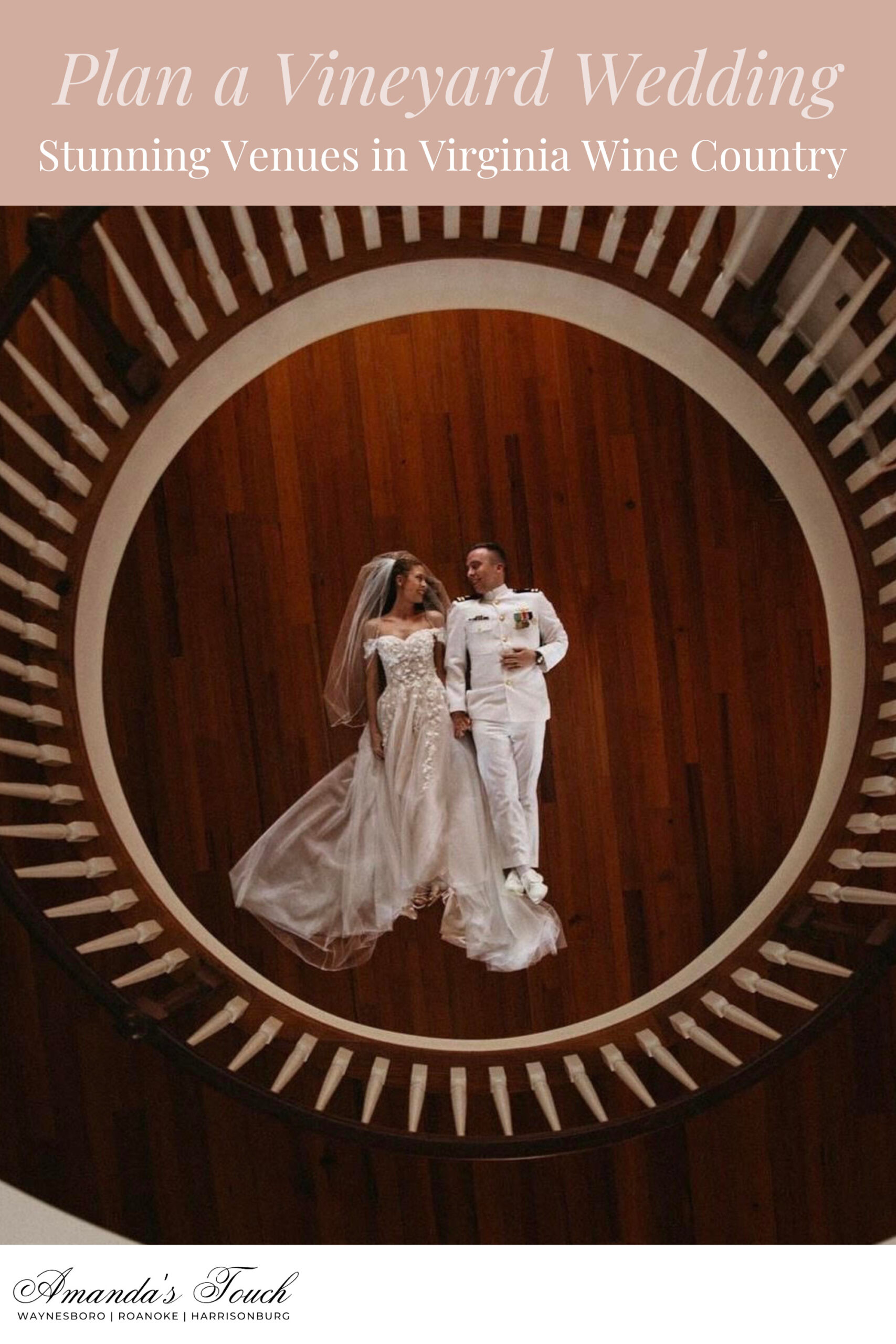 Beautiful indoor winery wedding venue in Virginia with bride and groom laying on wooden floor under a staircase.