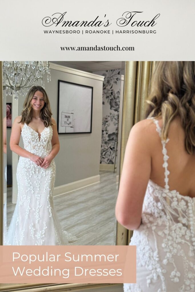 Pinnable blog post graphic for "Popular Summer Wedding Dresses" from Amanda's Touch.