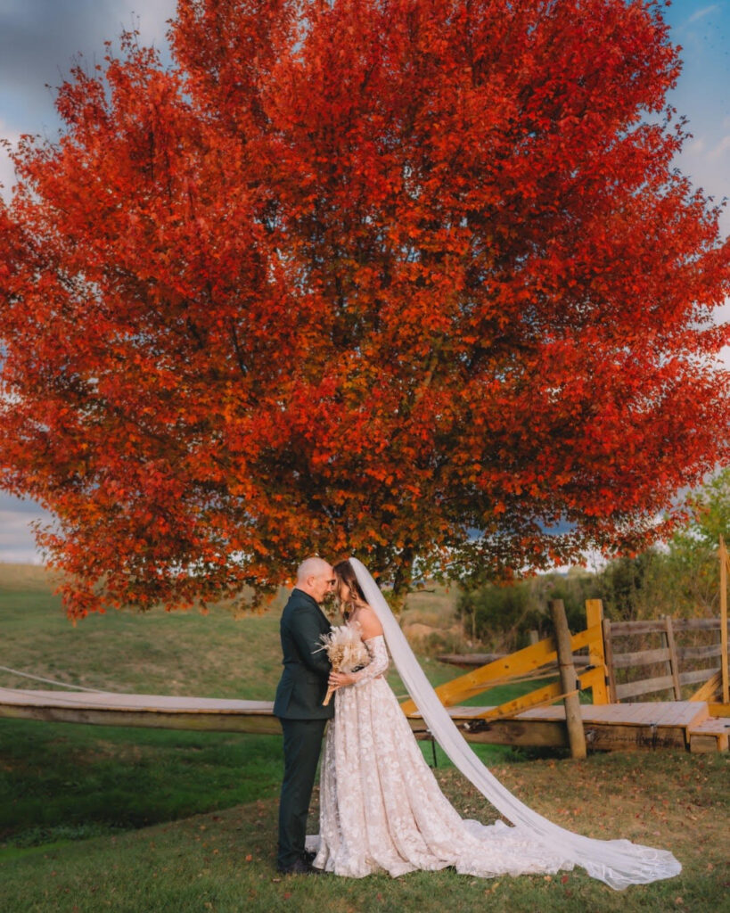 A bride and groom stand close together under a striking red maple tree, with the bride in a floral lace gown and dramatic cathedral veil.