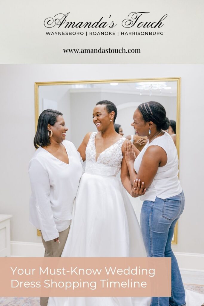 Pinnable blog post graphic for "Your Must-Know Wedding Dress Shopping Timeline" from Amanda's Touch.