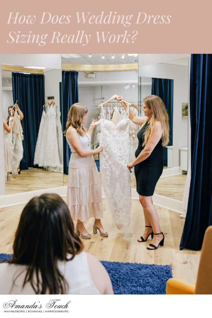Pinnable blog post graphic for "How Does Wedding Dress Sizing Really Work?" from Amanda's Touch.